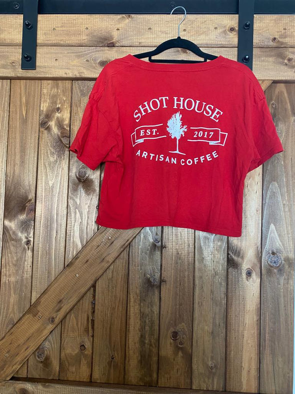 AS colour. Shot House branded crop top. Red
